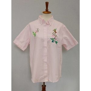 VTG 90s Bird Embroidered Pink Button Up Top 14, Short Sleeves Wrinkle Re…